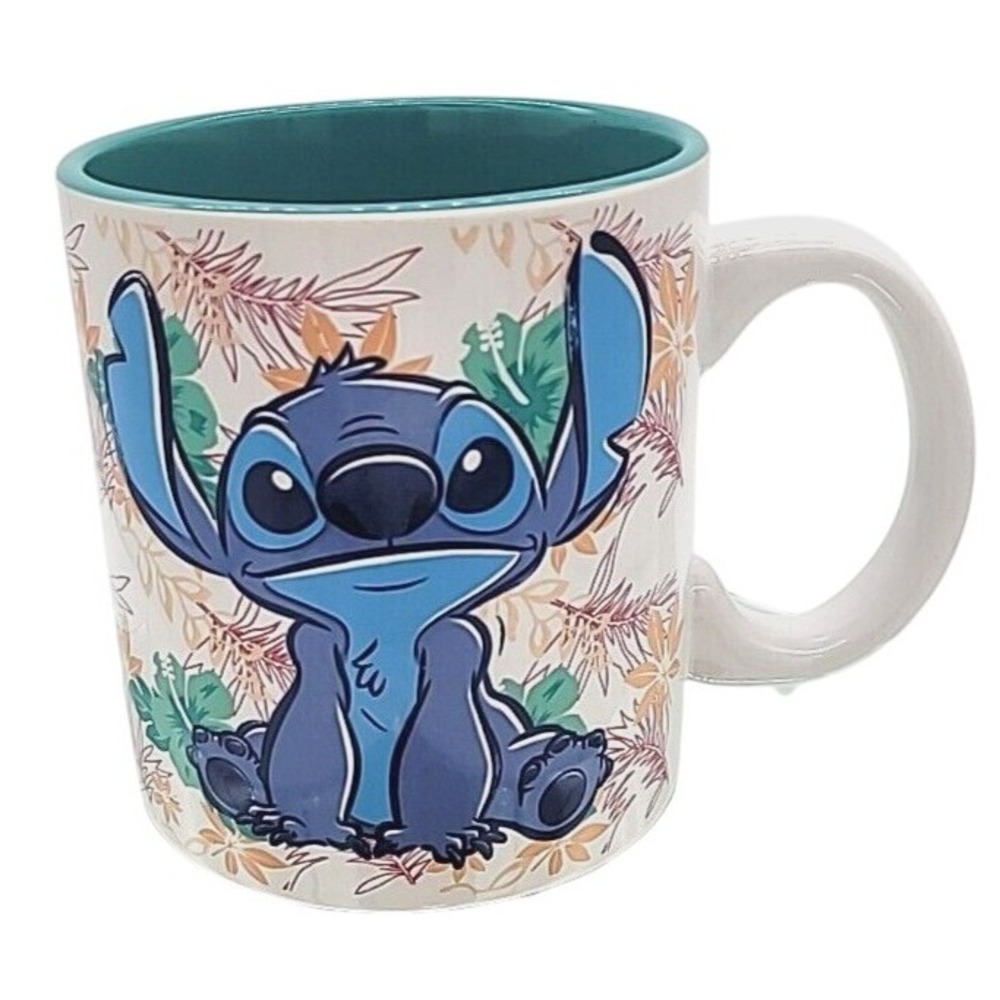 Disney Lilo & Stitch Tropical 20oz Ceramic Mug Large Floral White Teal Inside